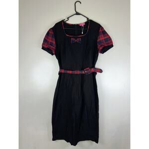 Rebel Love 2XL NWOT Black Pencil Dress Tartan Plaid Sleeves Belt Retro Pinup